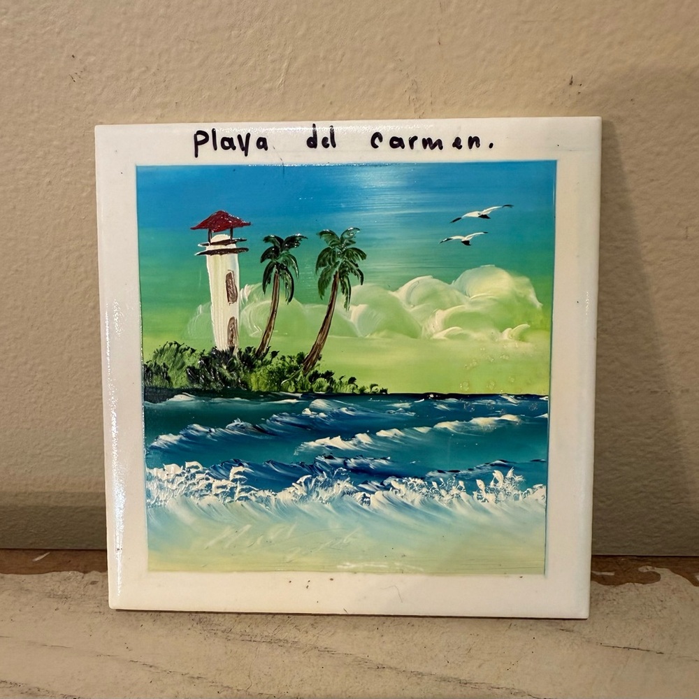 Hand Painted Mexican Playa del Carmen Ceramic Tile Art 4.25”